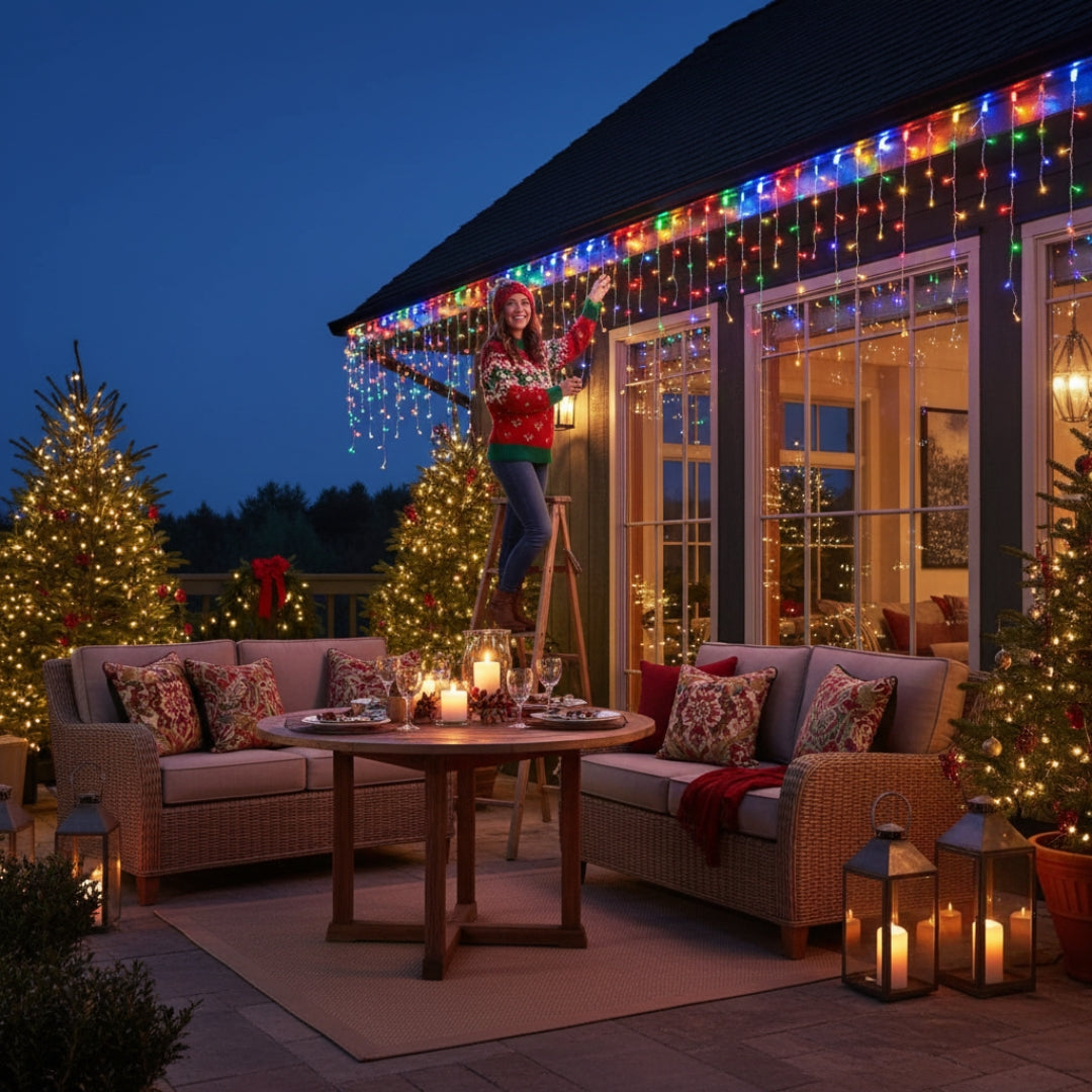 Femme installe guirlande lumineuse solaire extérieur rideau multicolore Noël
