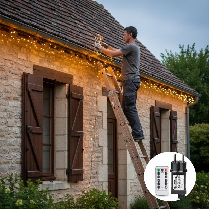 Homme installe guirlande exterieure noel blanc chaud bordure toit