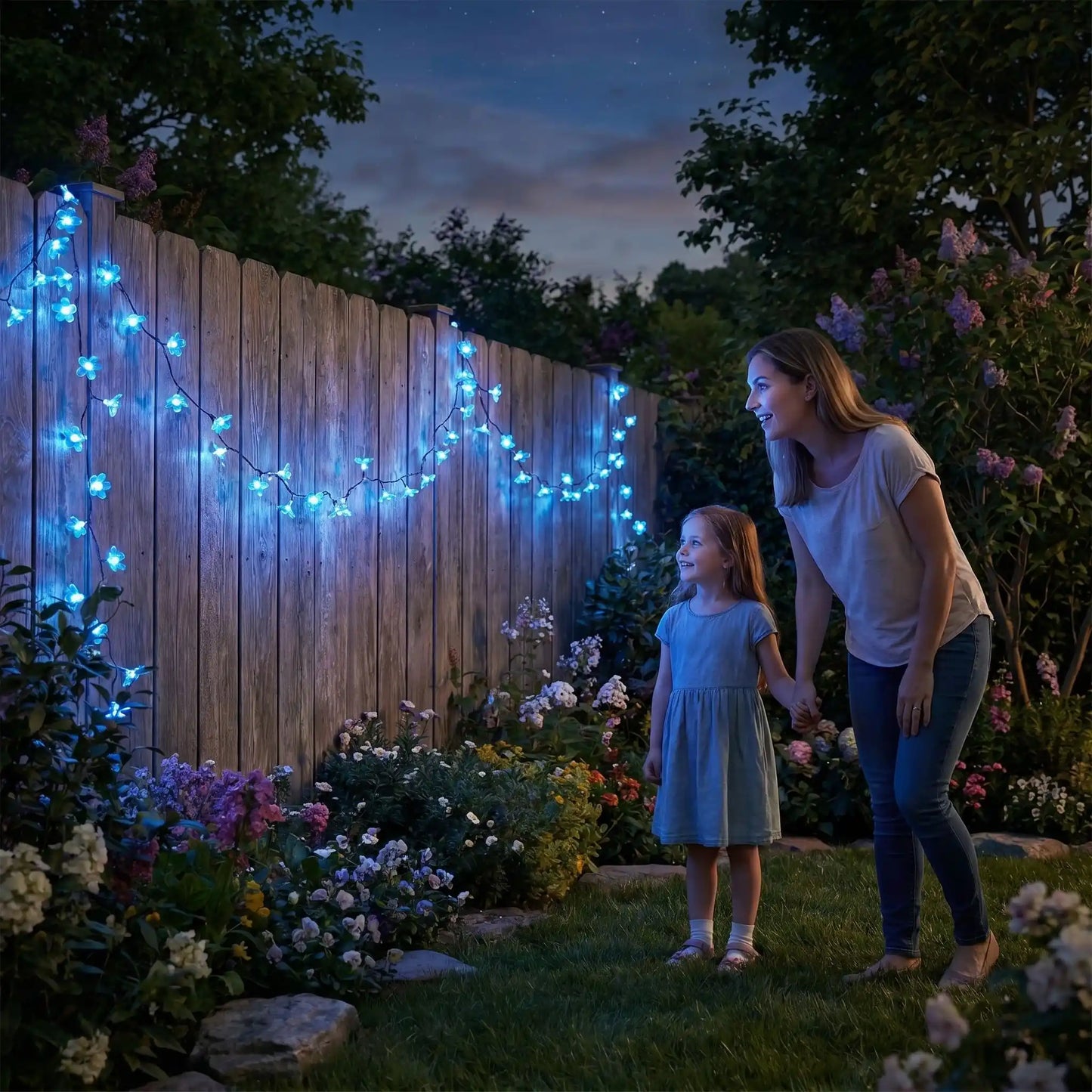 fille mère regardent clôture guirlandes solaires extérieures fleurs bleues