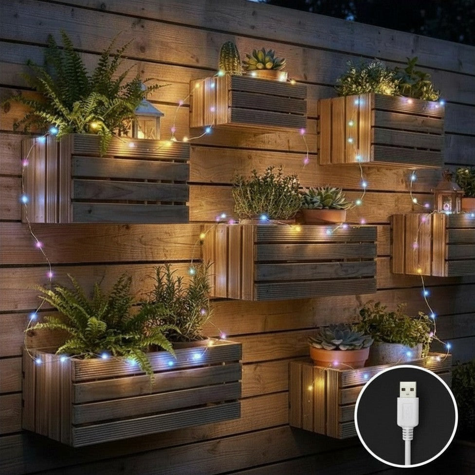 guirlande lumineuse extérieur fine multicolore USB mur plante