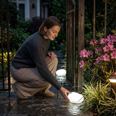 Lampes jardins solaires galet lumière froide sur dalles extérieures