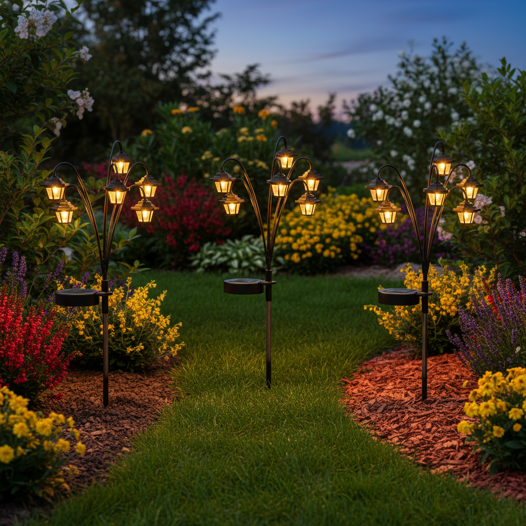 trois lampes jardins solaires six têtes lanternes jardin