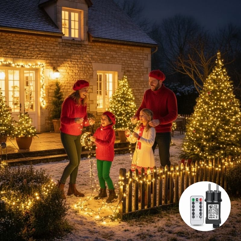 Famille installe guirlande exterieure noel blanc chaud partout jardin