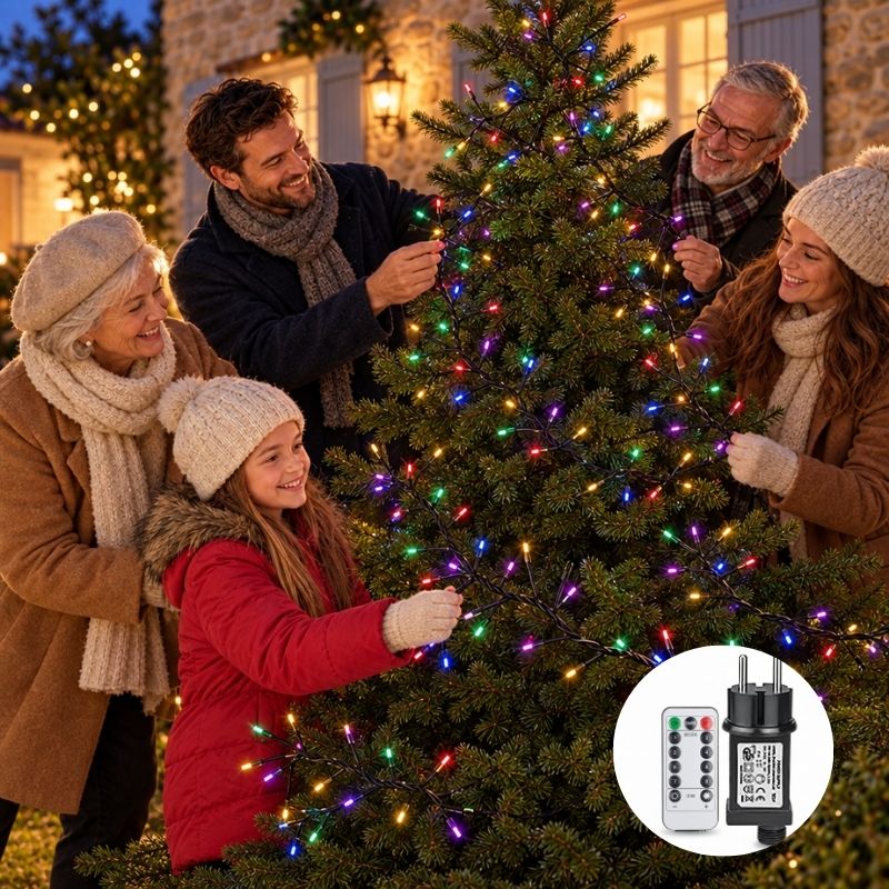 Famille installe guirlande exterieure noel multicolore sur arbre extérieur