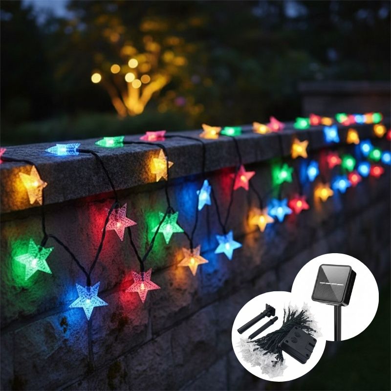 guirlande exterieur noel solaire étoiles multicolores décore muret pierres