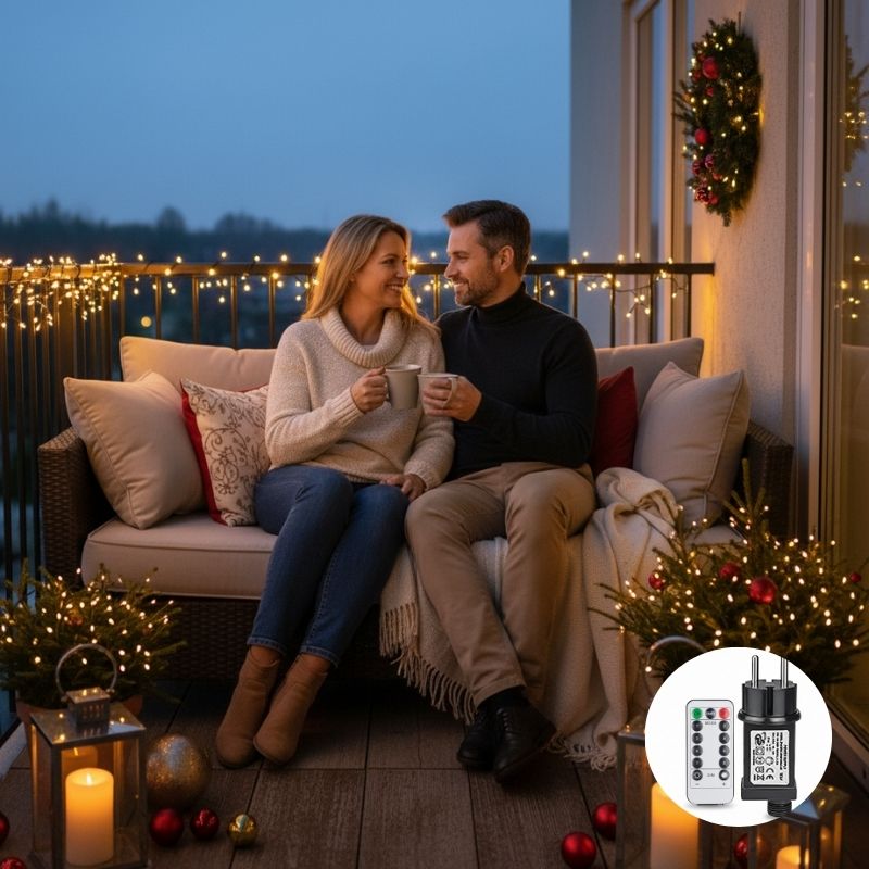 Guirlande exterieure noel blanc chaud décore balcon couple assis