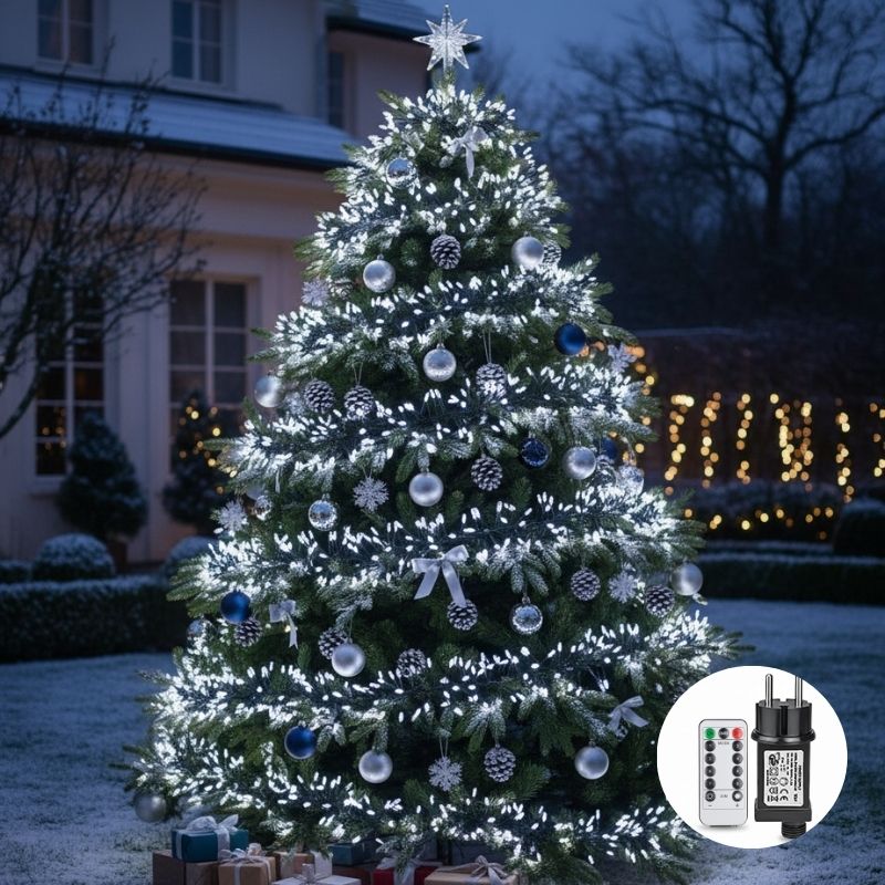 guirlande exterieure noel blanc froid enroulée sapin Noël jardin