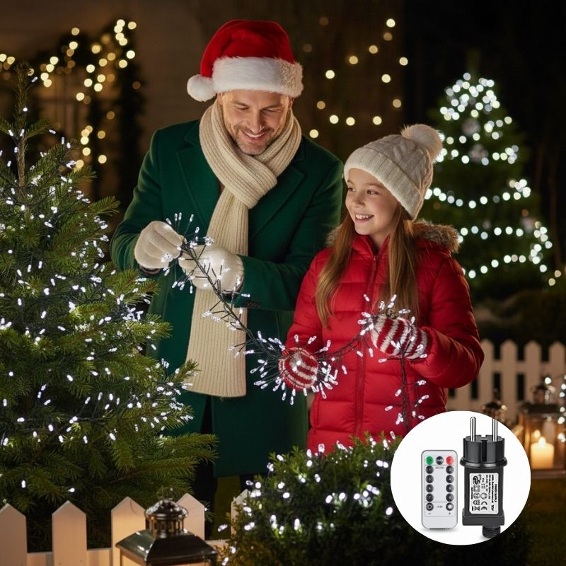 guirlande exterieure noel blanc froid installée père fille jardin