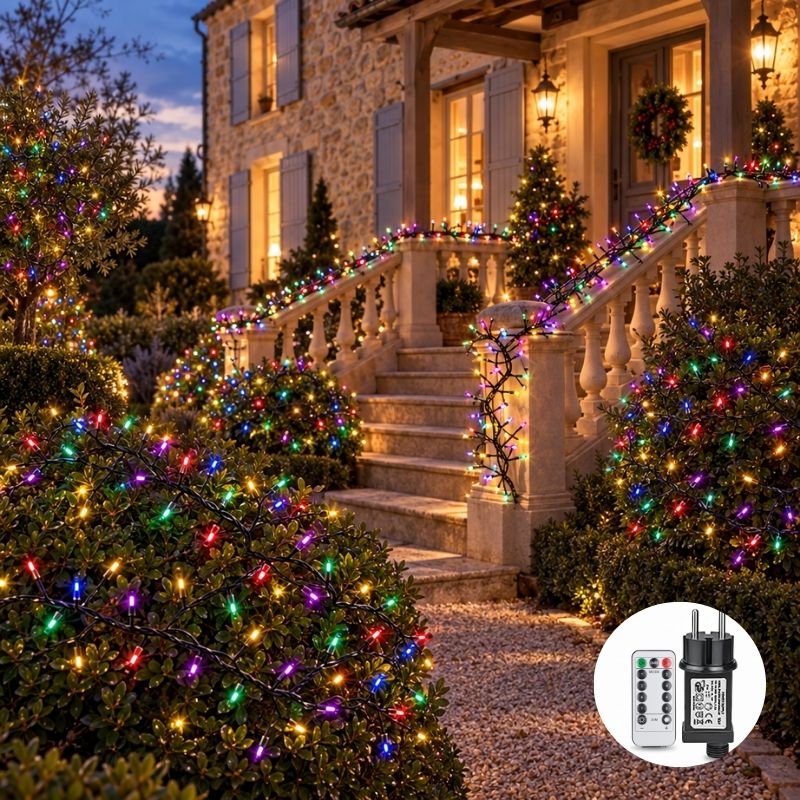 Guirlande exterieure noel multicolore décore arbustes rampes arbre 
