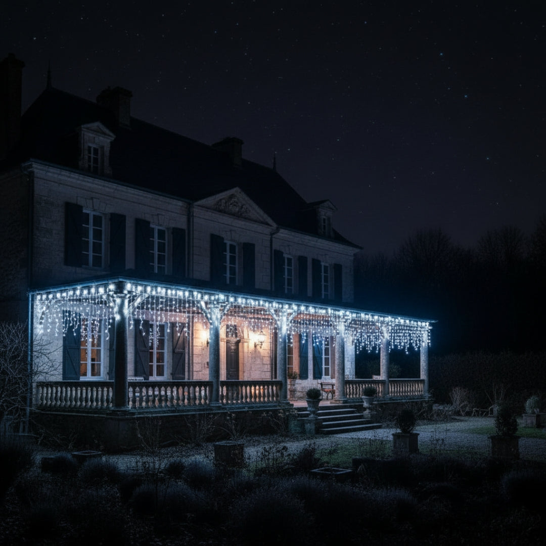 Guirlande lumineuse solaire extérieur rideau blanc galerie avant maison