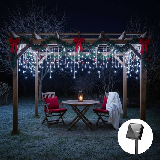 Guirlande lumineuse solaire extérieur rideau blanc toiture pergola Noël