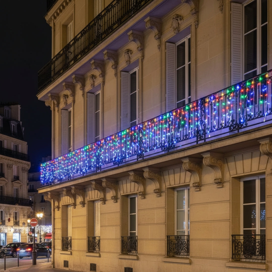 Guirlande lumineuse solaire extérieur rideau multicolore décore balcon ville