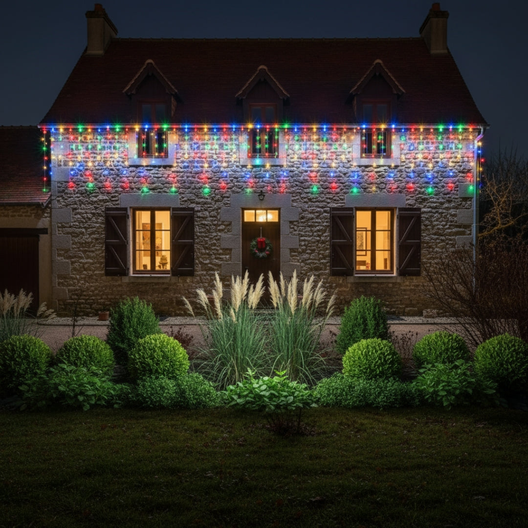 Guirlande lumineuse solaire extérieur rideau multicolore décore maison pierres