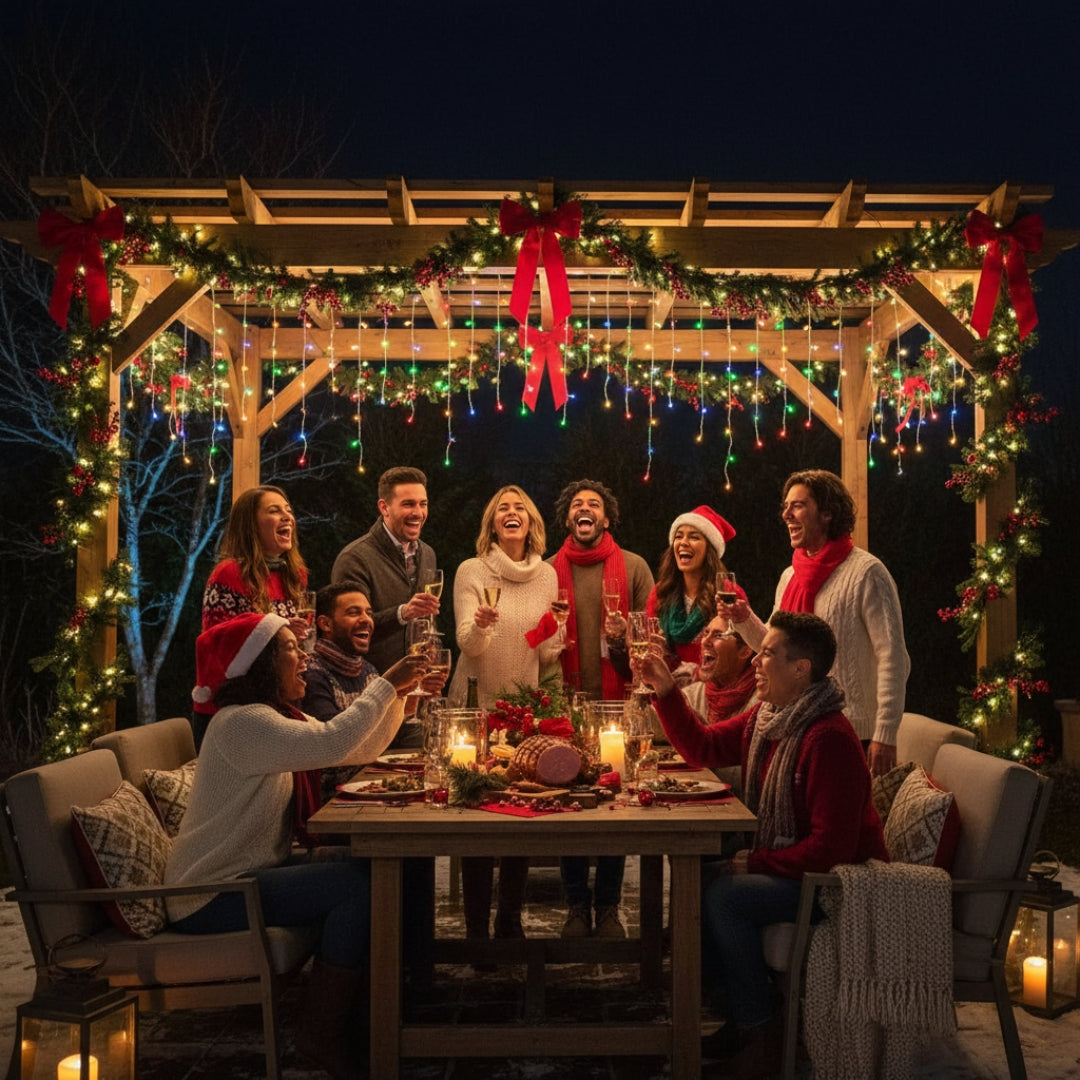 Guirlande lumineuse solaire extérieur rideau multicolore pergolas groupe Noël