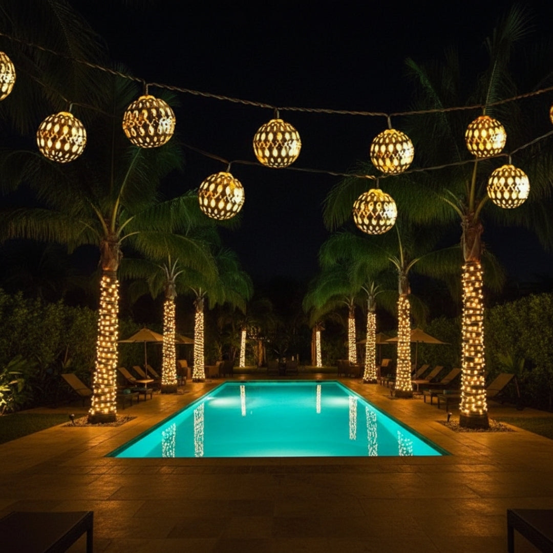 Guirlande solaire dorée suspendue devant piscine palmiers décoratifs soir
