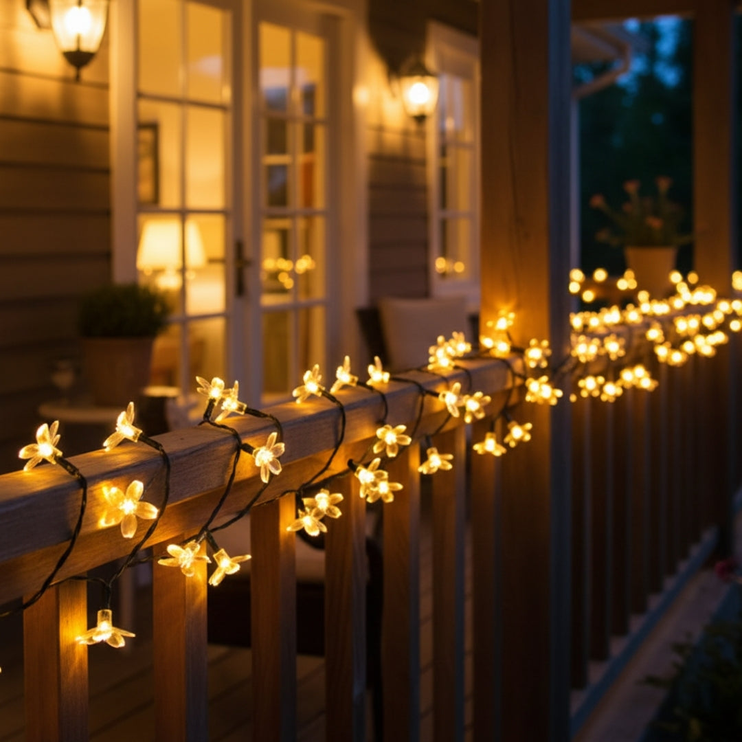 Guirlandes solaires extérieures fleurs jaunes autour rampe galerie