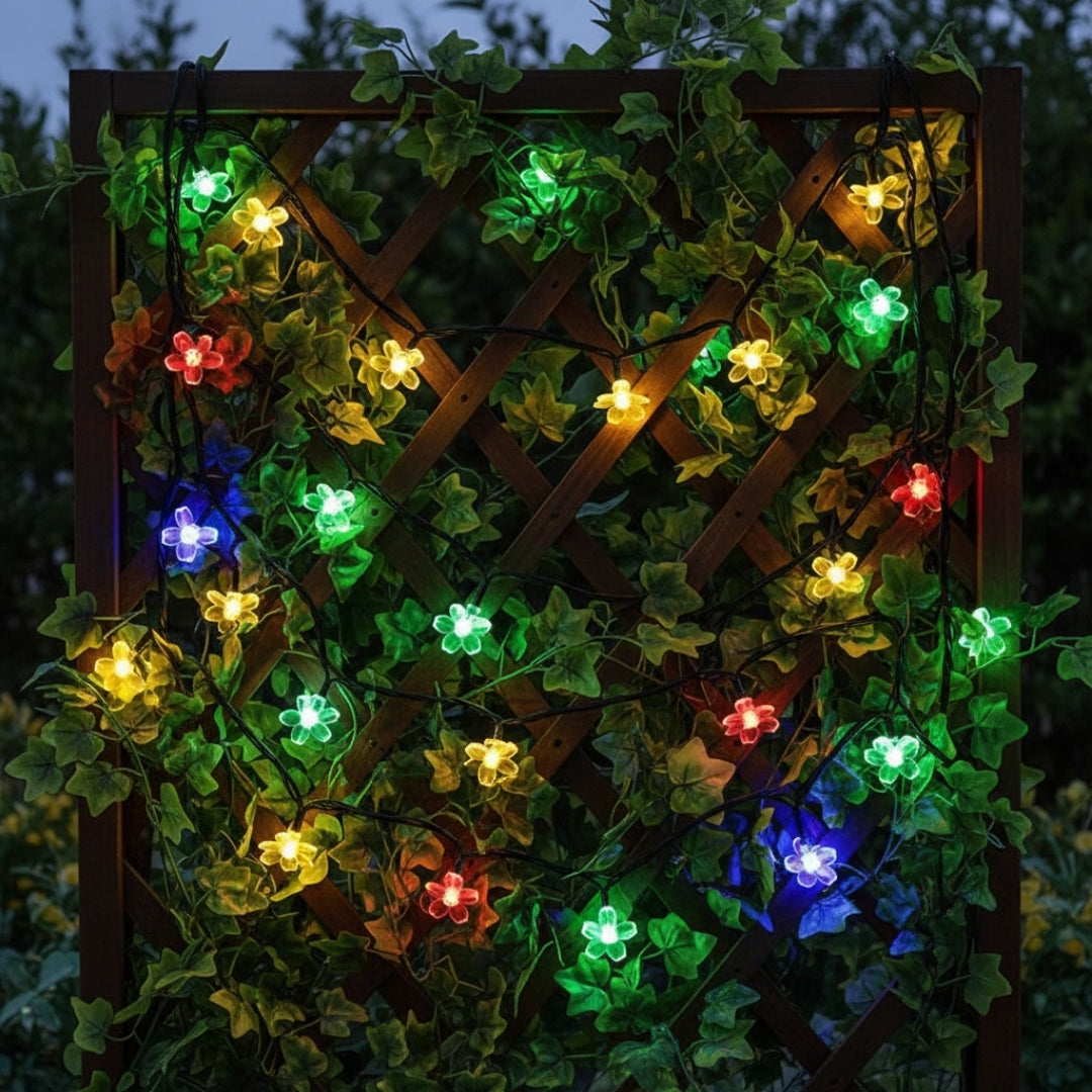 guirlandes solaires extérieures fleurs multicolores dans treilli jardin