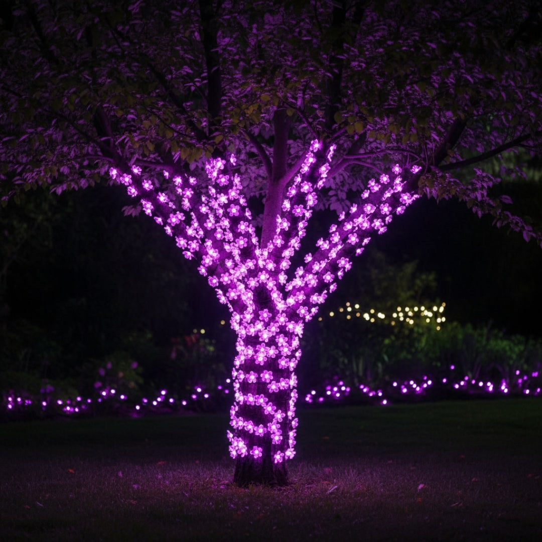 Guirlandes solaires extérieures fleurs violettes autour tronc arbre
