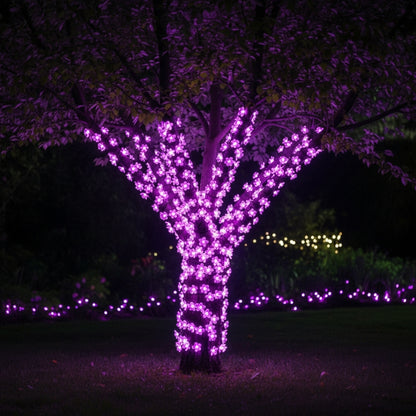 Guirlandes solaires extérieures fleurs violettes autour tronc arbre