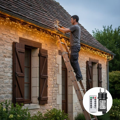 Homme installe guirlande exterieure noel blanc chaud bordure toit