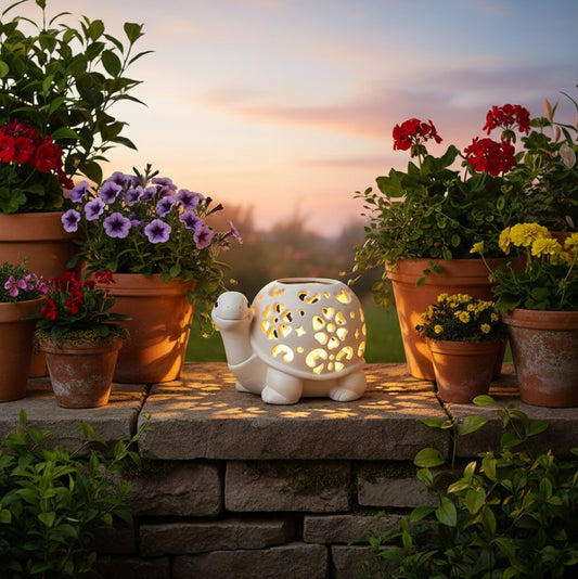 Lampe extérieur solaire décorative tortue blanche sur muret pot fleur