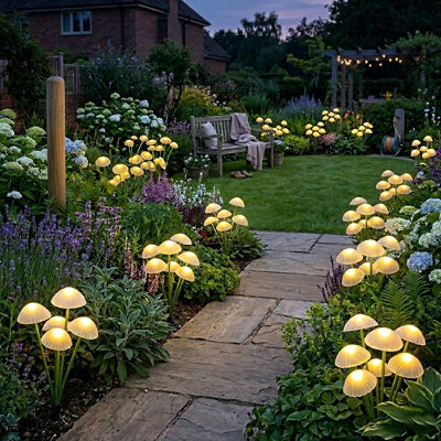 Lampe solaire bouquet champignon blanc chaud partout au jardin
