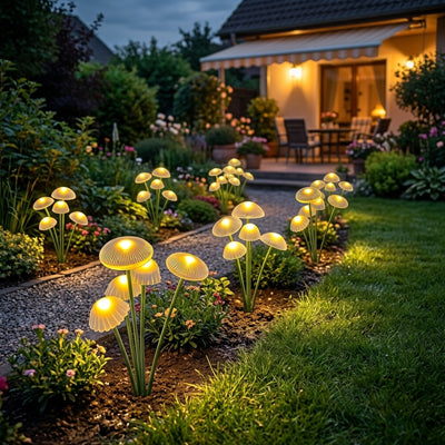 Lampe solaire bouquet champignon blanc chaud platebande