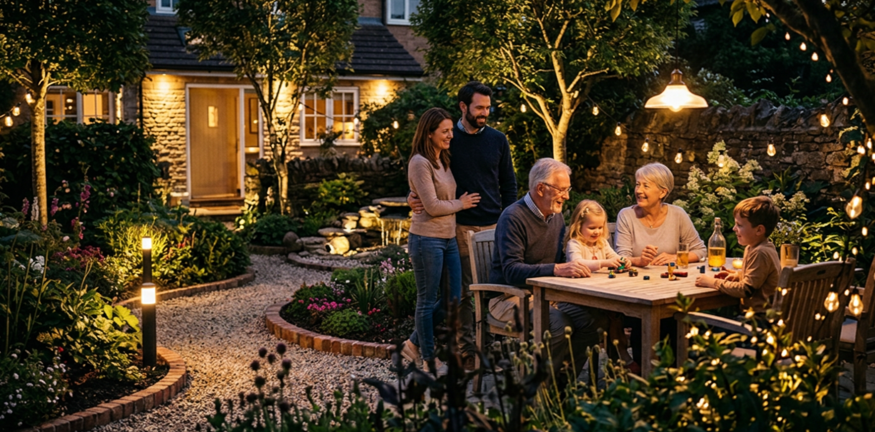 couple grands-parents enfants jeux jardin éclairage varié