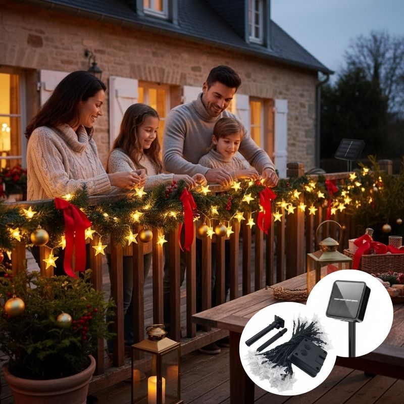 famille installe guirlande exterieur noel solaire étoiles rampe terrasse