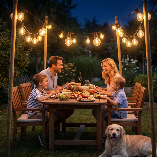 famille rires complicite autour table jardin guirlande solaire suspendue