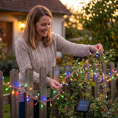 femme accroche guirlande solaire extérieur multicolore clôture jardin