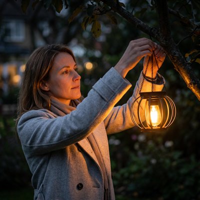 femme accroche lanterne extérieur solaire branche