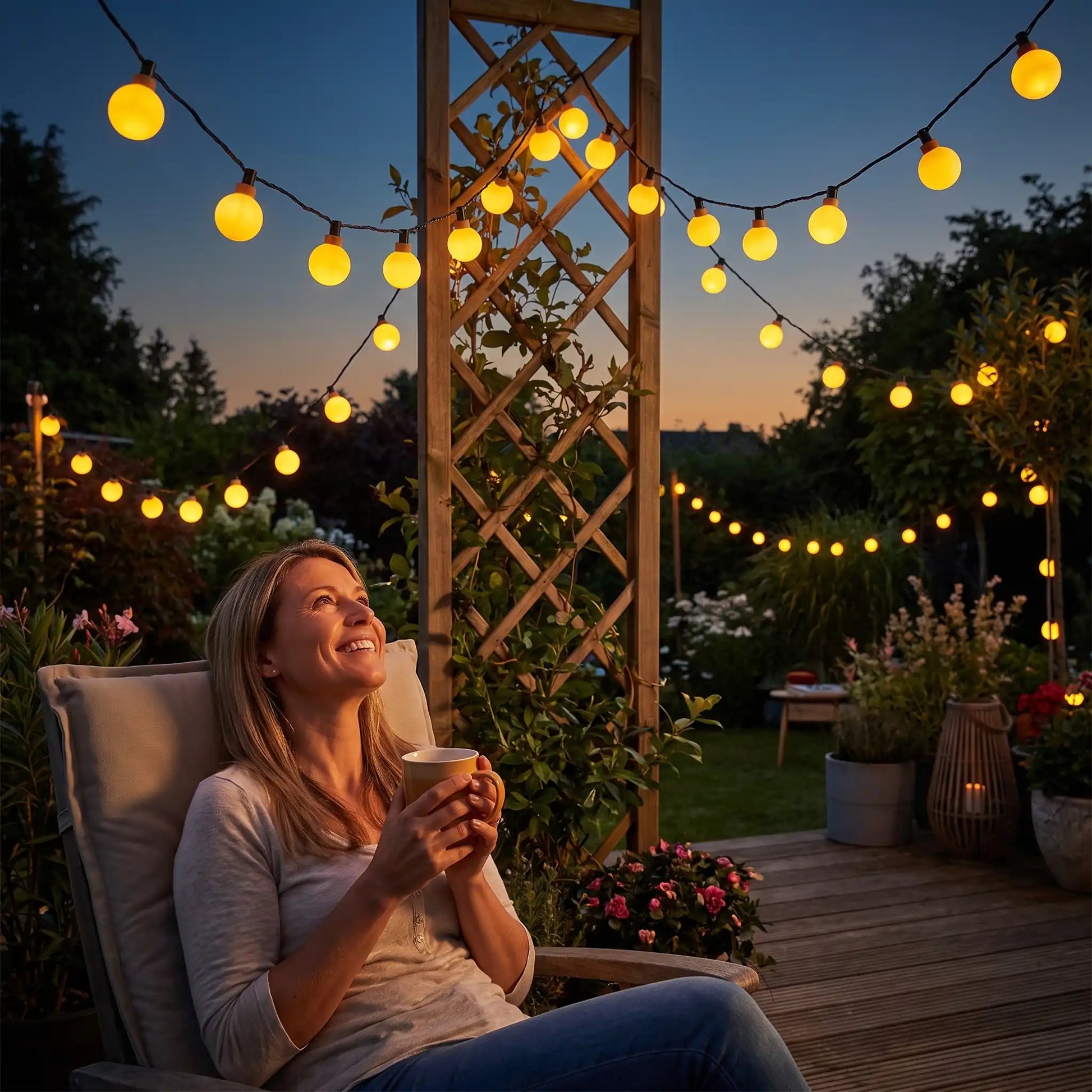 femme admire guirlande exterieur solaire globe opaque jardin magique