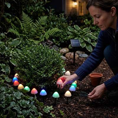 femme décore arbuste guirlande lumineuse extérieur solaire champignon multicolore