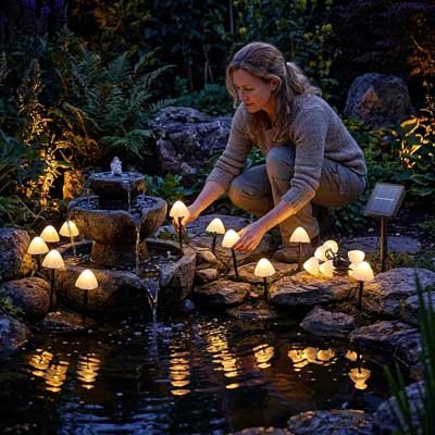 femme décore guirlande lumineuse solaire champignon autour bassin eau 