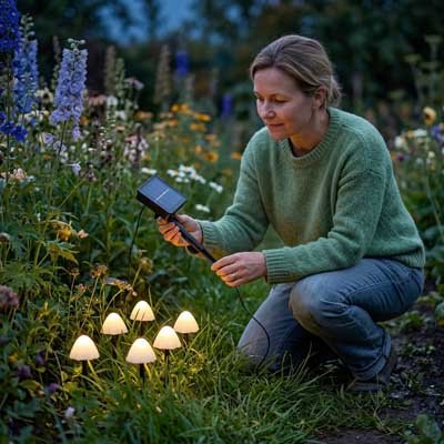 femme décore guirlande lumineuse solaire champignon parmi fleurs gazon