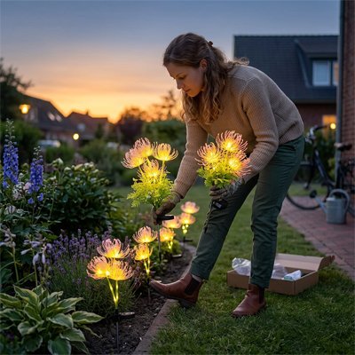 Femme décore massif lampes jardins solaires bouquet fleurs roses