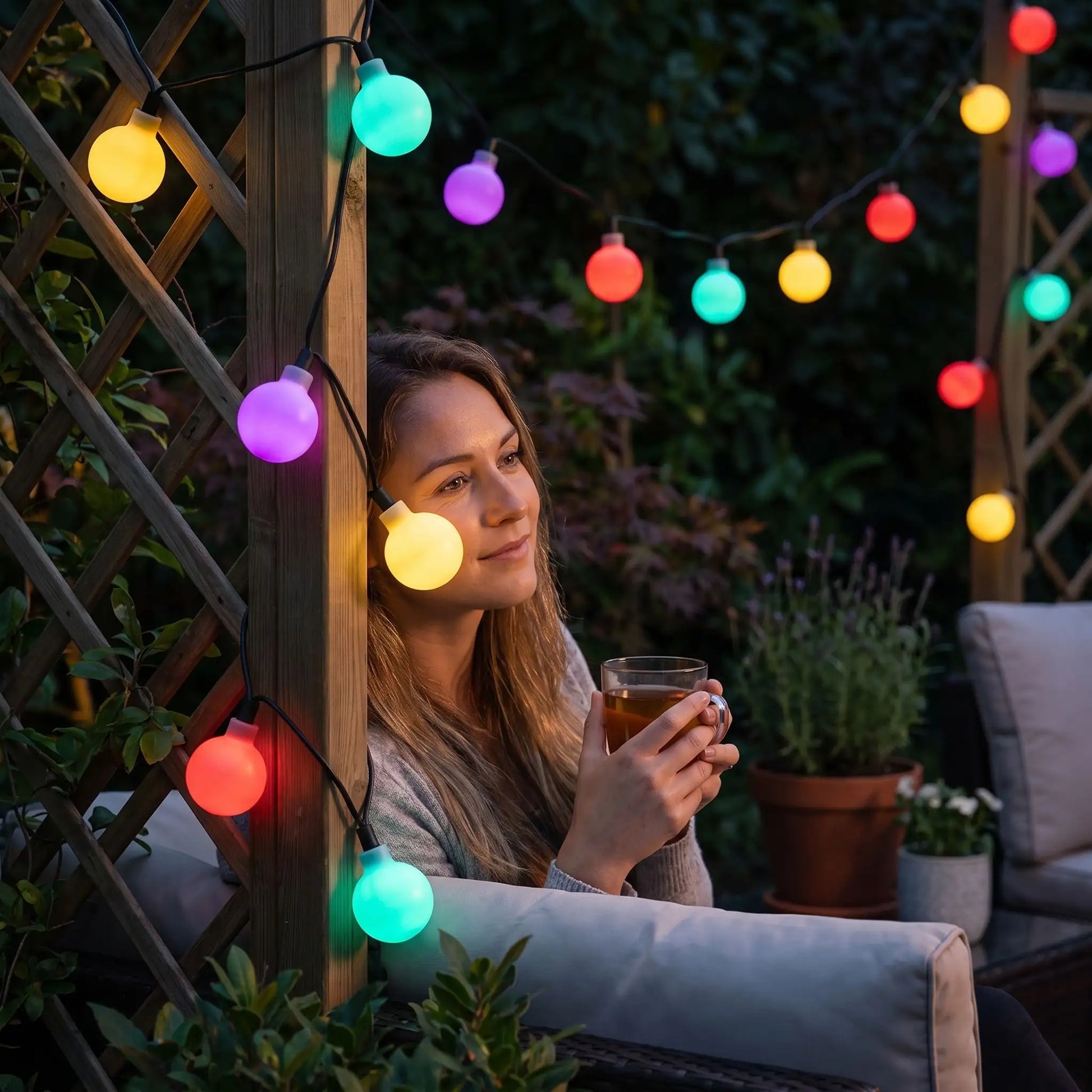 femme détente jardin guirlande exterieur solaire petits globes multicolores