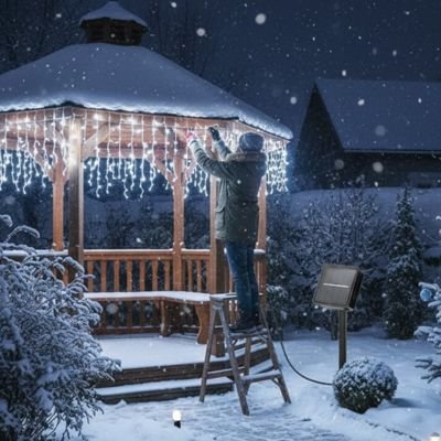 femme dispose guirlande lumineuse solaire extérieur blanc pergolas hiver