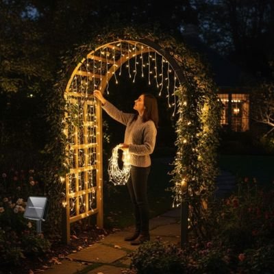 femme guirlande lumineuse solaire extérieur couleur chaude arche jardin