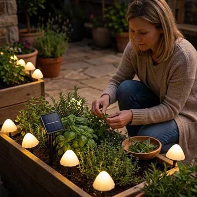 femme installant guirlande lumineuse solaire champignon bac jardin