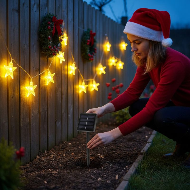 femme installe guirlande exterieur noel solaire étoiles sur clôture