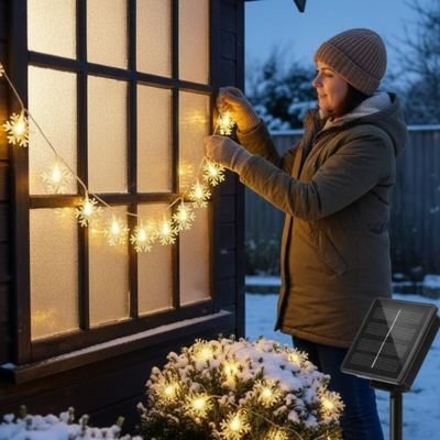 femme installe guirlande extérieur pour noël sur arbuste fenêtre 