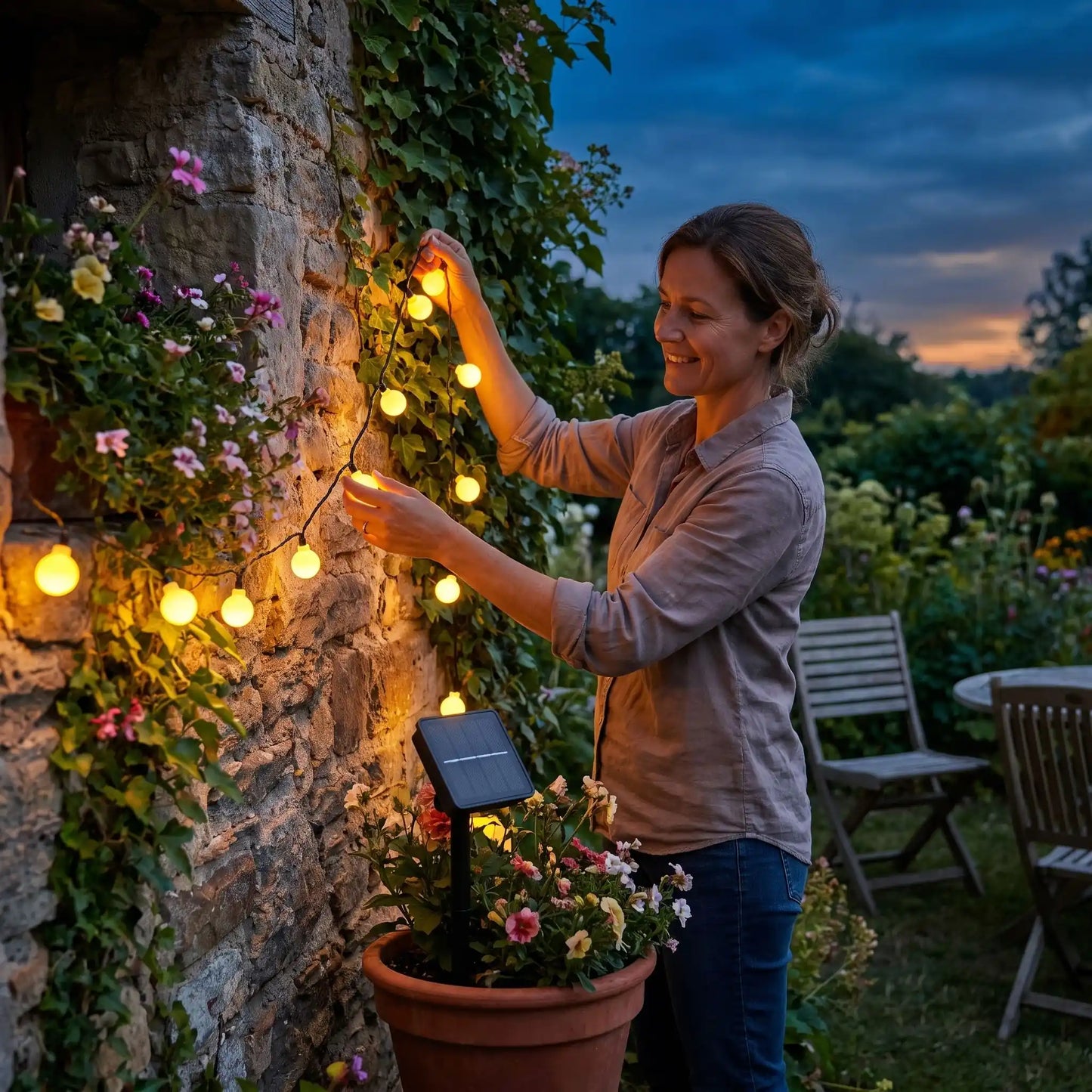 femme installe guirlande exterieur solaire globe opaque muret jardin