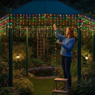 femme installe guirlande lumineuse solaire extérieur multicolore suspendu pergolas
