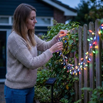 femme installe guirlande solaire extérieur multicolore sur clôture