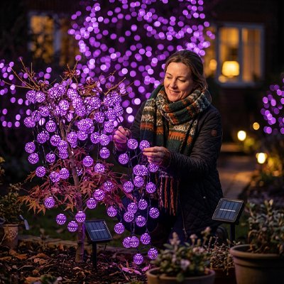 femme installe guirlande solaire violet arbre festif ambiance unique