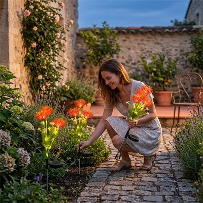 Femme pique lampes jardins solaires bouquet fleurs rouges platebande 