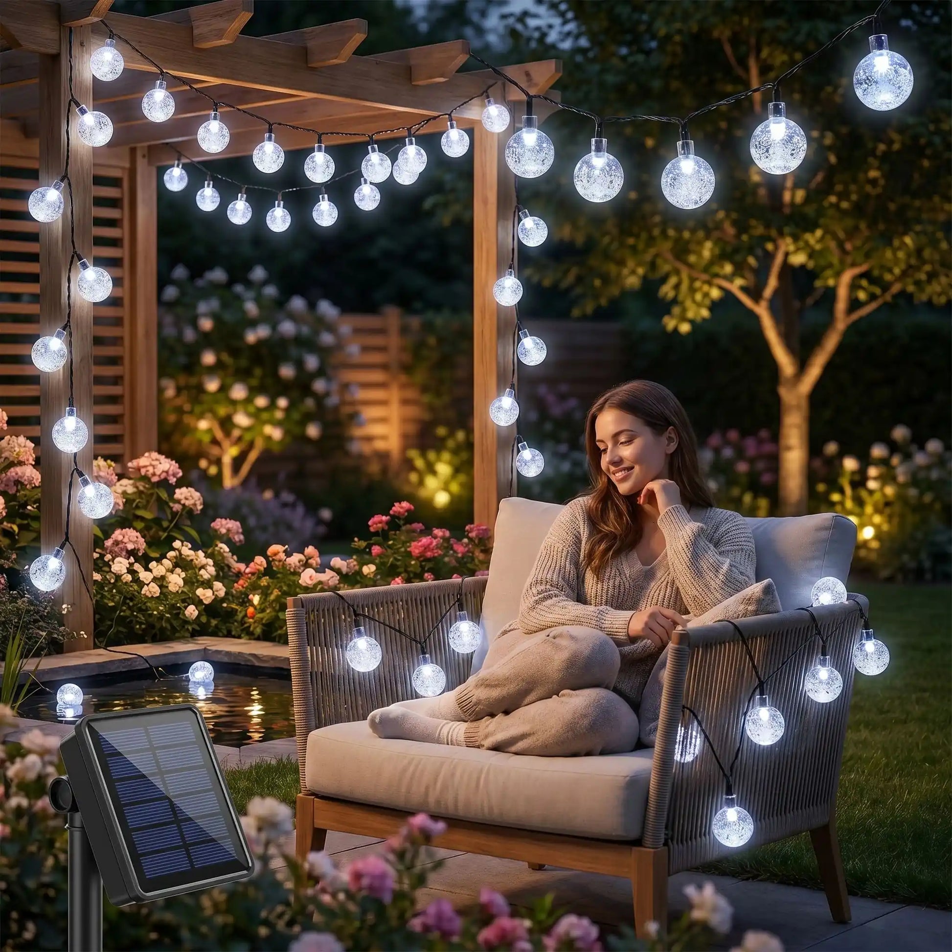 femme repose confortable jardin illumine guirlande exterieur solaire blanche