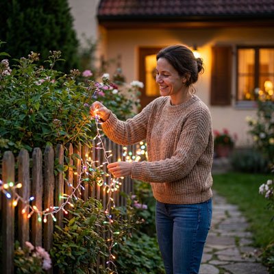 femme souriante installe facilement guirlande solaire extérieur multicolore